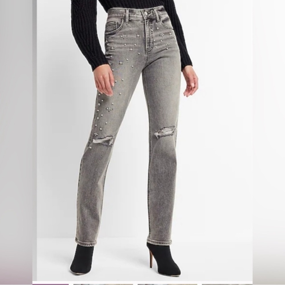 Express Ripped Pearl and Rhinestone Embellished Modern Straight Jeans- Size 6 - Picture 2 of 10